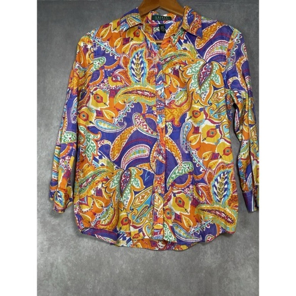 Lauren Ralph Lauren Women Sz Med Shirt Orange Paisley 3/4 Sleeve Cotton Blouse